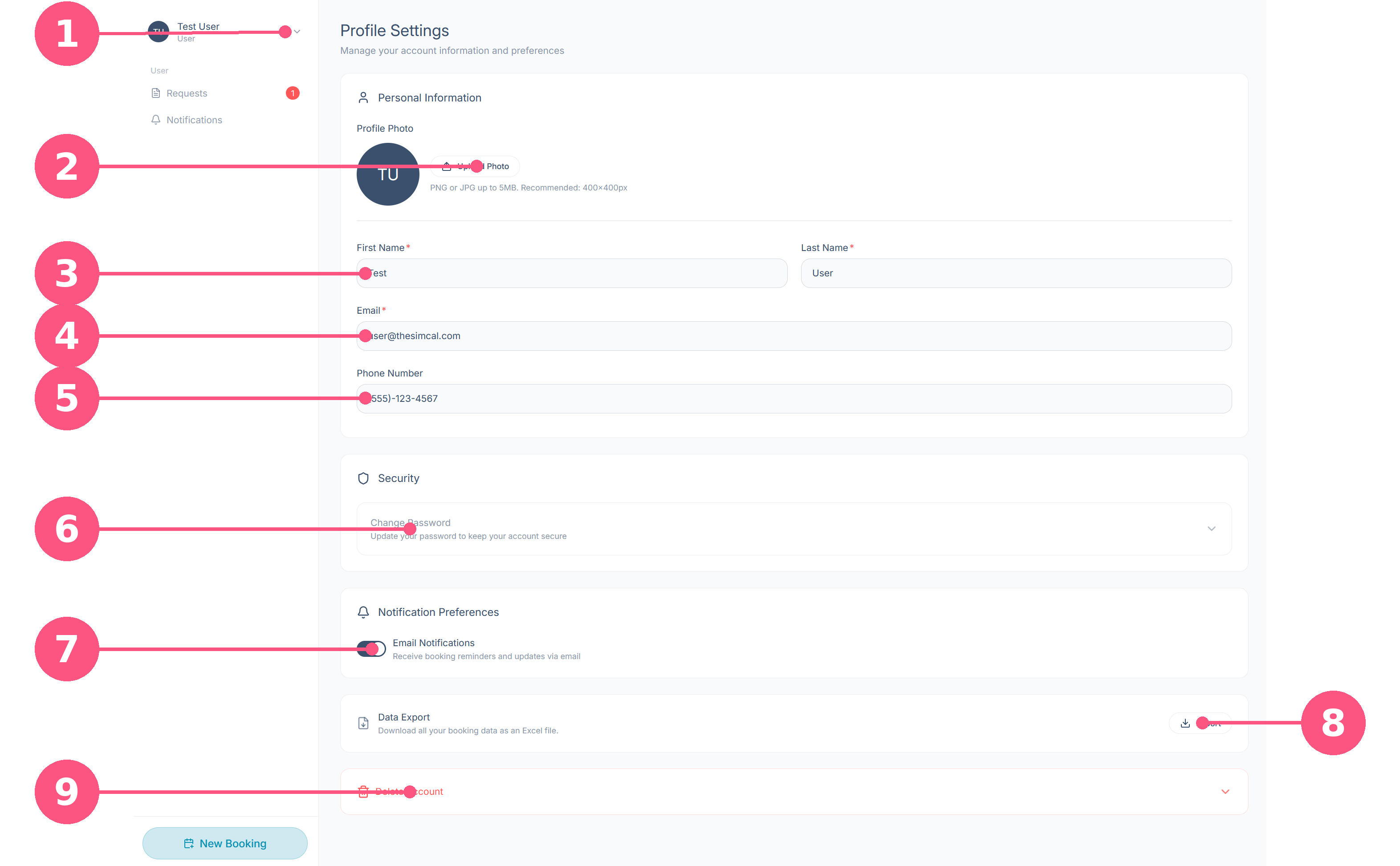 The Profile Settings page with numbered badges