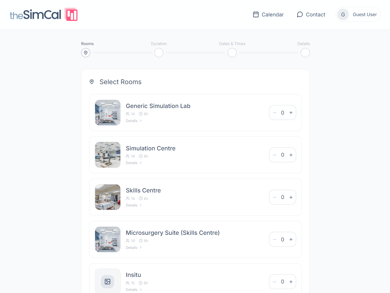 Step 1 — selecting rooms in theSimCal booking form